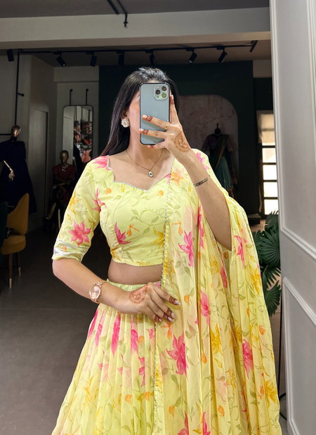 LNB1036 Tabby Silk Floral Print With Lace Touch Up Lehenga With Blouse Dupatta Wholesale In India